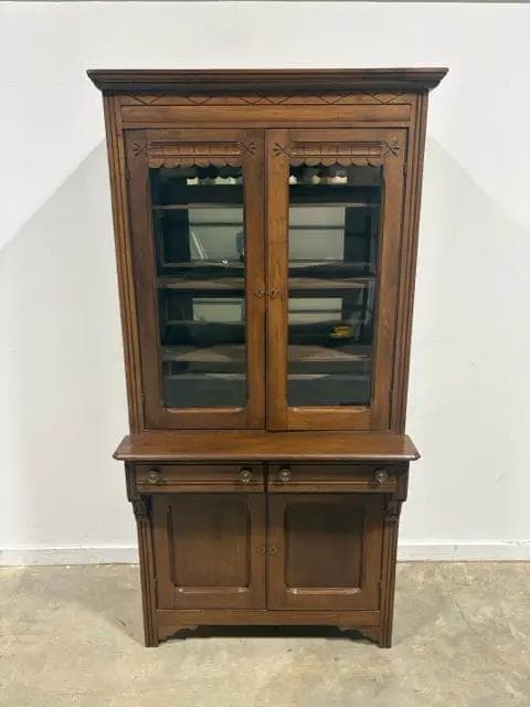 Antique Wooden Carved Bookcase with Glass Doors & 2 Drawers