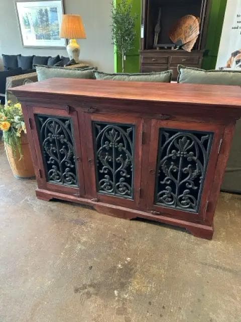 Three Door Wooden Cabinet With Wrought Iron Inserts