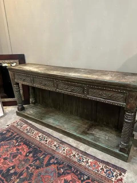 Green And Brown Distressed Carved Wood Console Table With 4 Drawers
