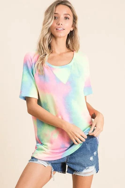 BiBi Tie Dye French Terry Print Top - PASTEL MULTI / L