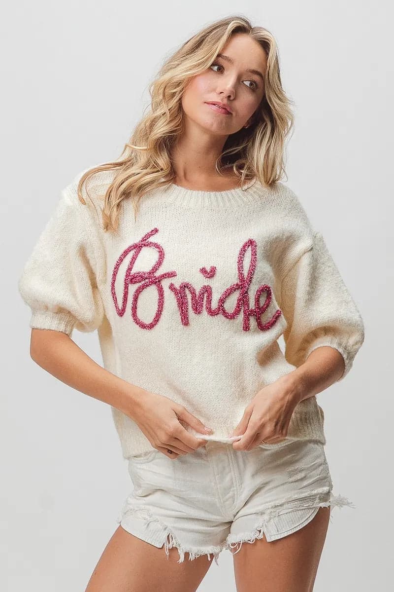 BiBi Metallic Letter Short Puff Sleeve Hairy Sweater - IVORY / S