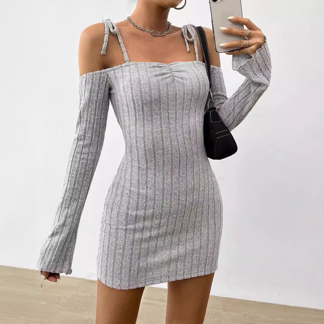 Women Clothing Adult Lady like Woman Lightly Mature Strap Sling Dress Autumn Winter Boat Collar Elegant Slim Fit - M / Gray
