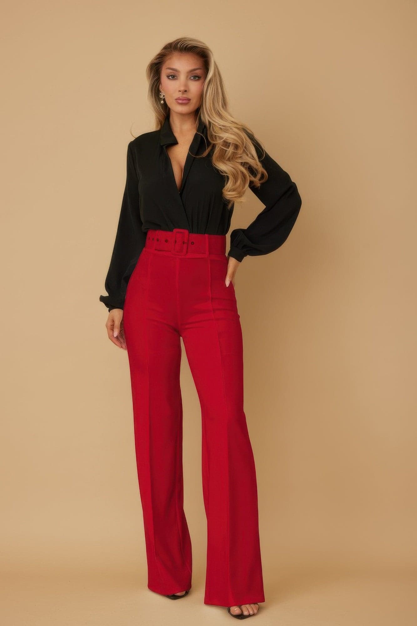 High Waist Pants With Buckle Belt - L