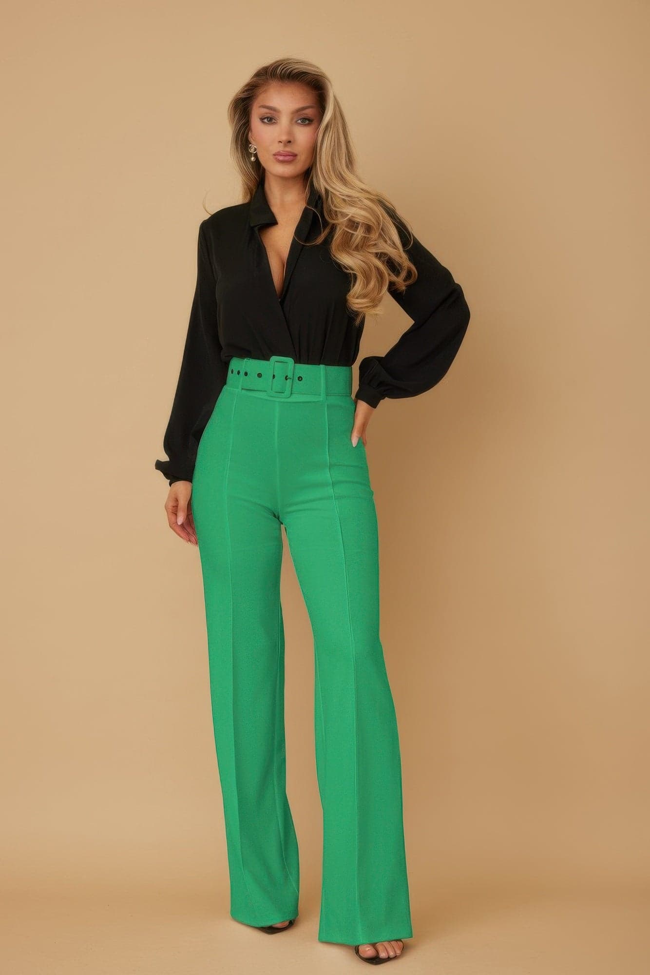High Waist Pants With Buckle Belt - S