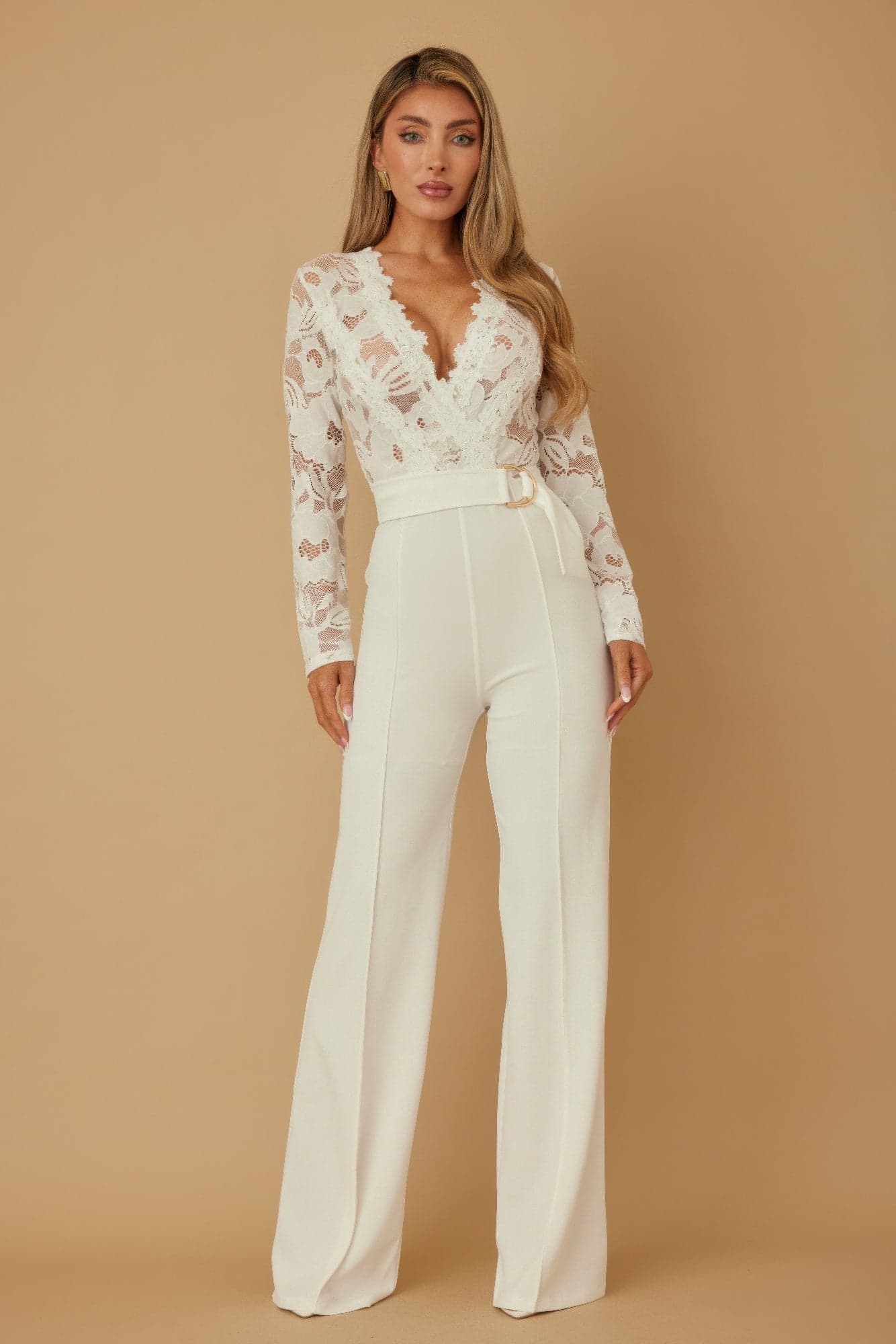 Lace Crochet Long Sleeve Jumpsuit - L