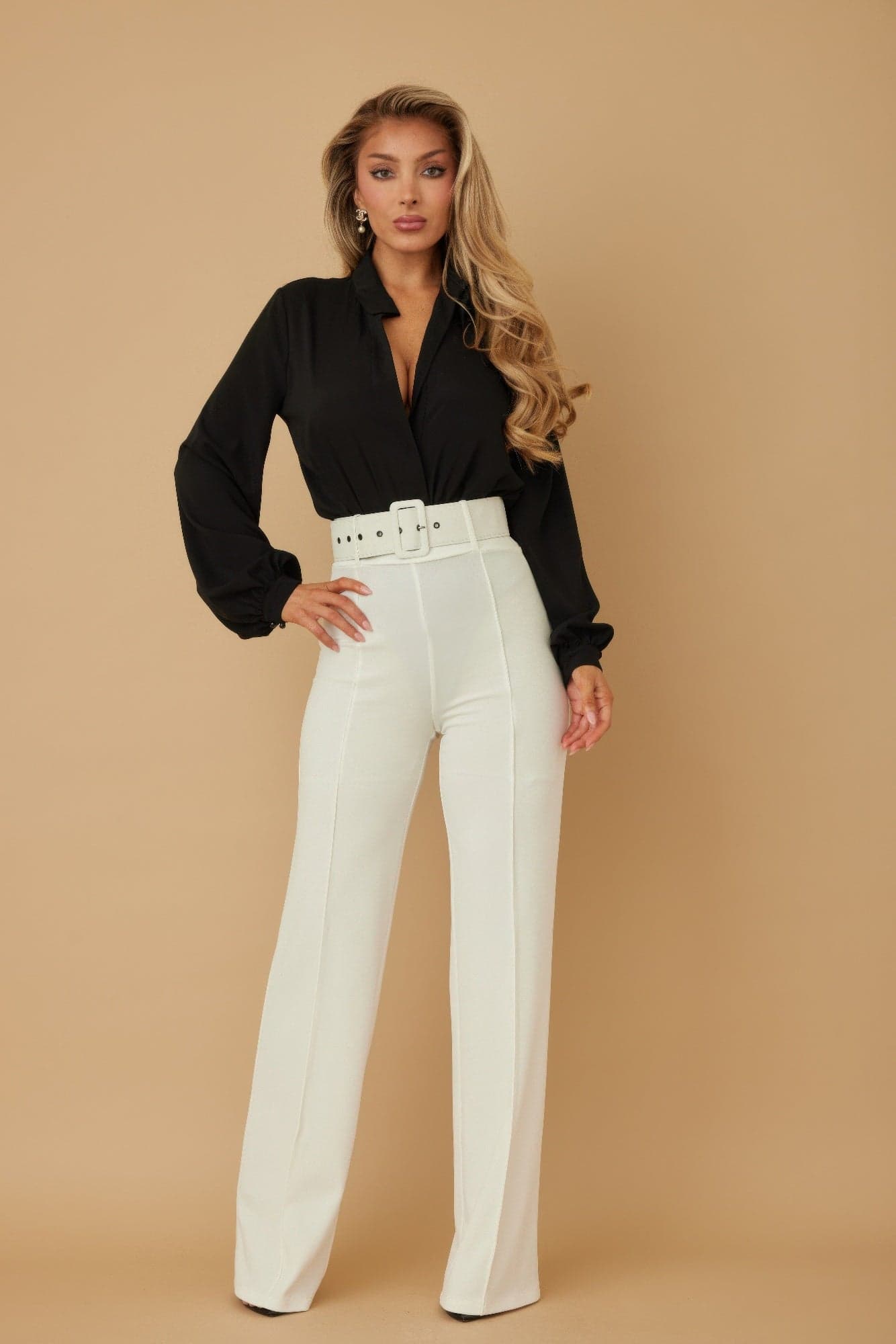 High Waist Pants With Buckle Belt - S