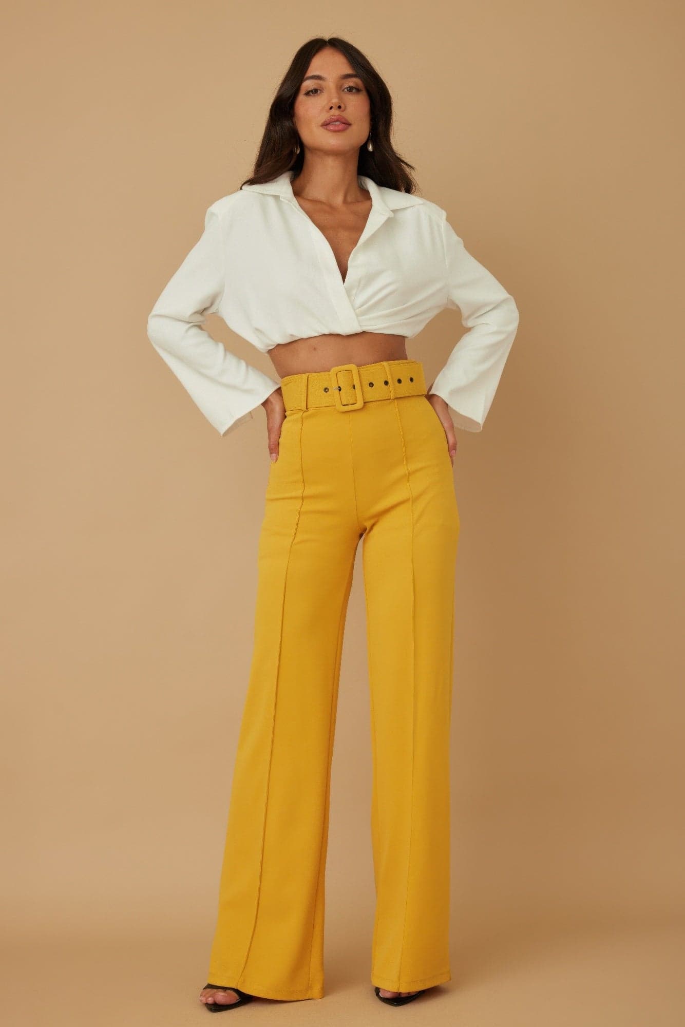 High Waist Pants With Buckle Belt - S