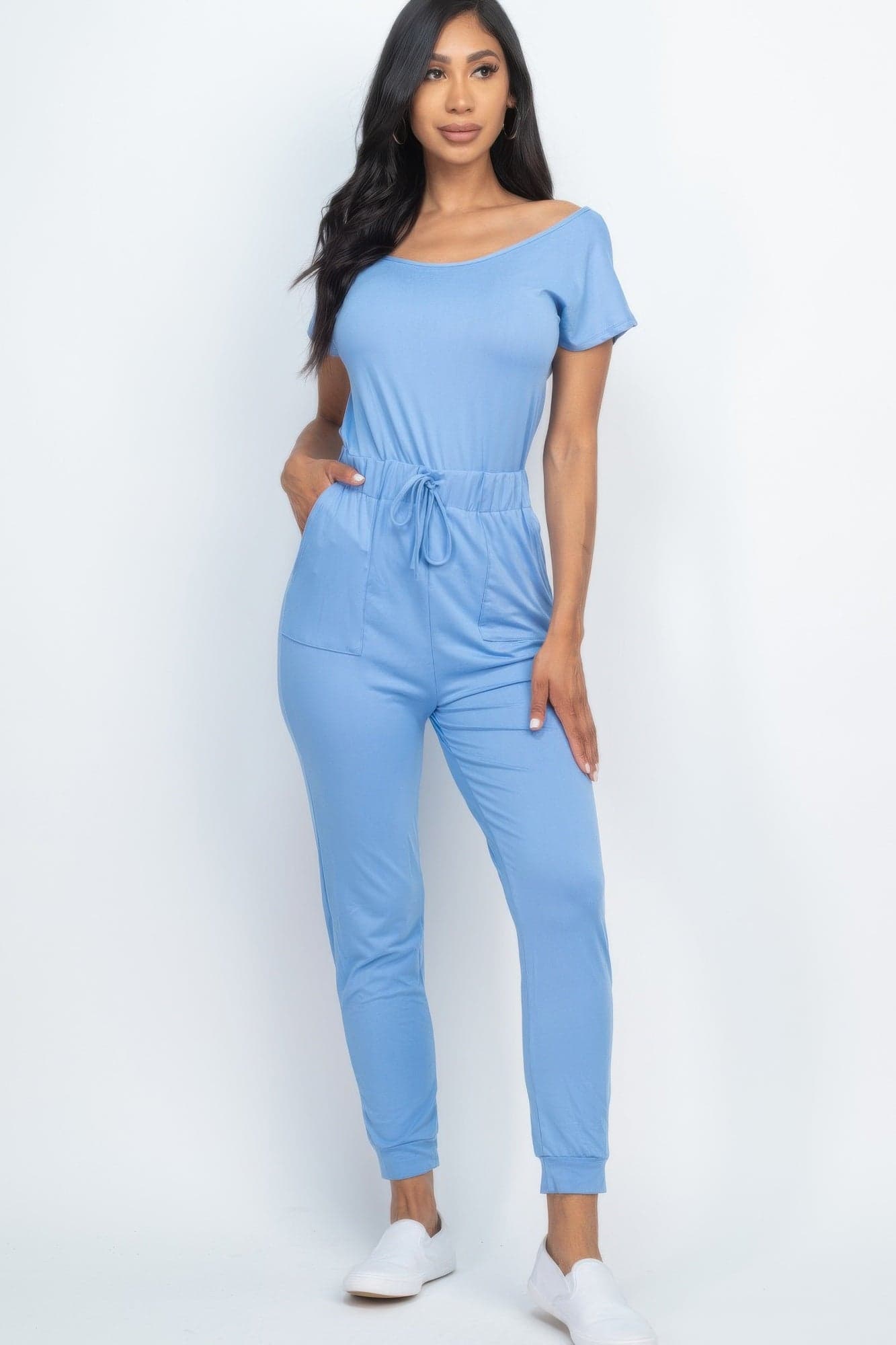 Two-way Shoulder Drawstring Jumpsuit - Coca mocha / L