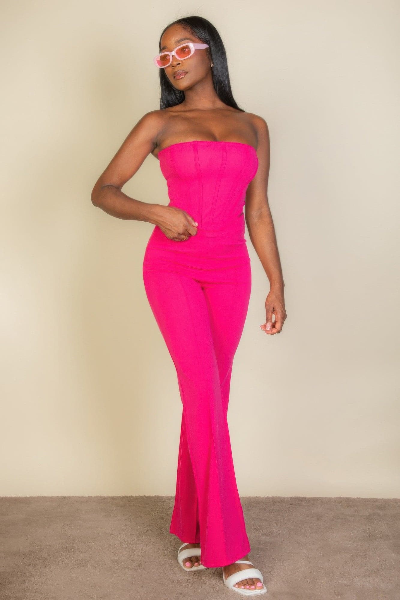 Strapless Corset Top & Flare Pants Set - White / M