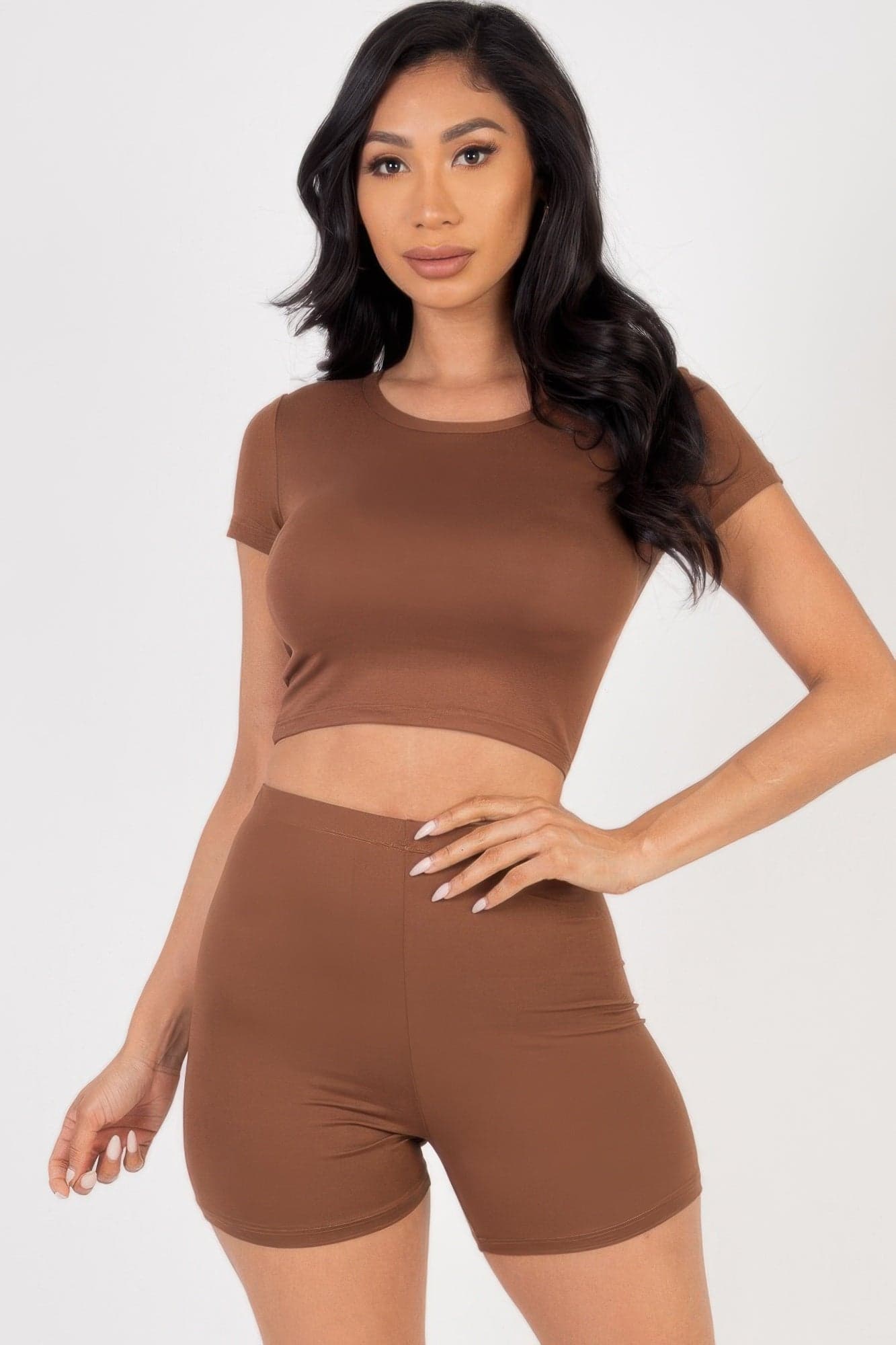 Short Sleeve Crop Top & Shorts Set - Downtown Brown / S