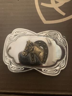Western Cowboy Belt Buckle Silver With Gold Horse And Horse Shoe Southwestern