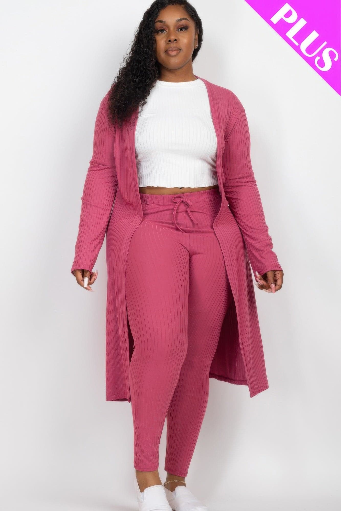 Plus Size Ribbed Long Cardigan & Leggings Set - Taupe / 1XL