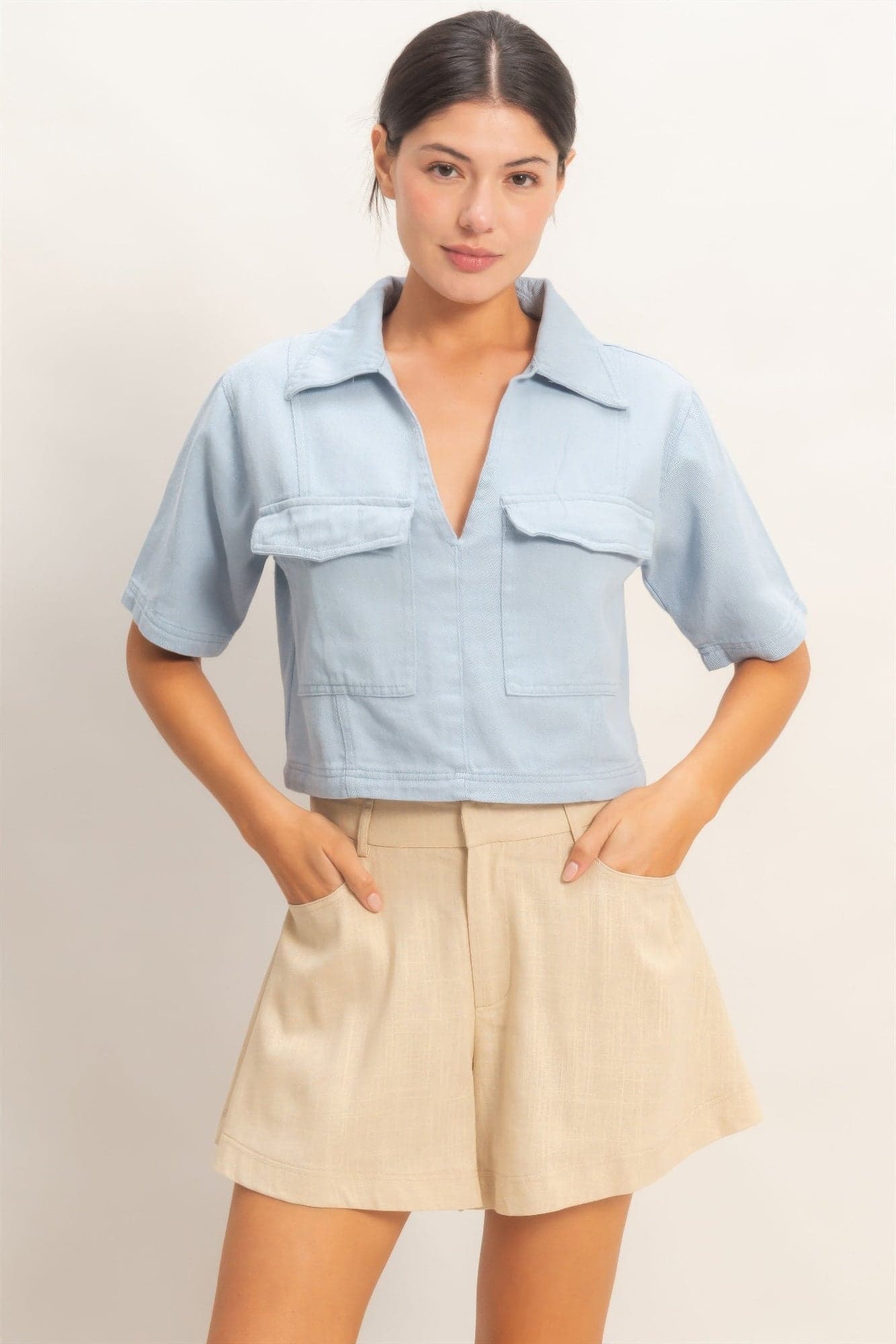 Collared V-neck Top - Light blue / S