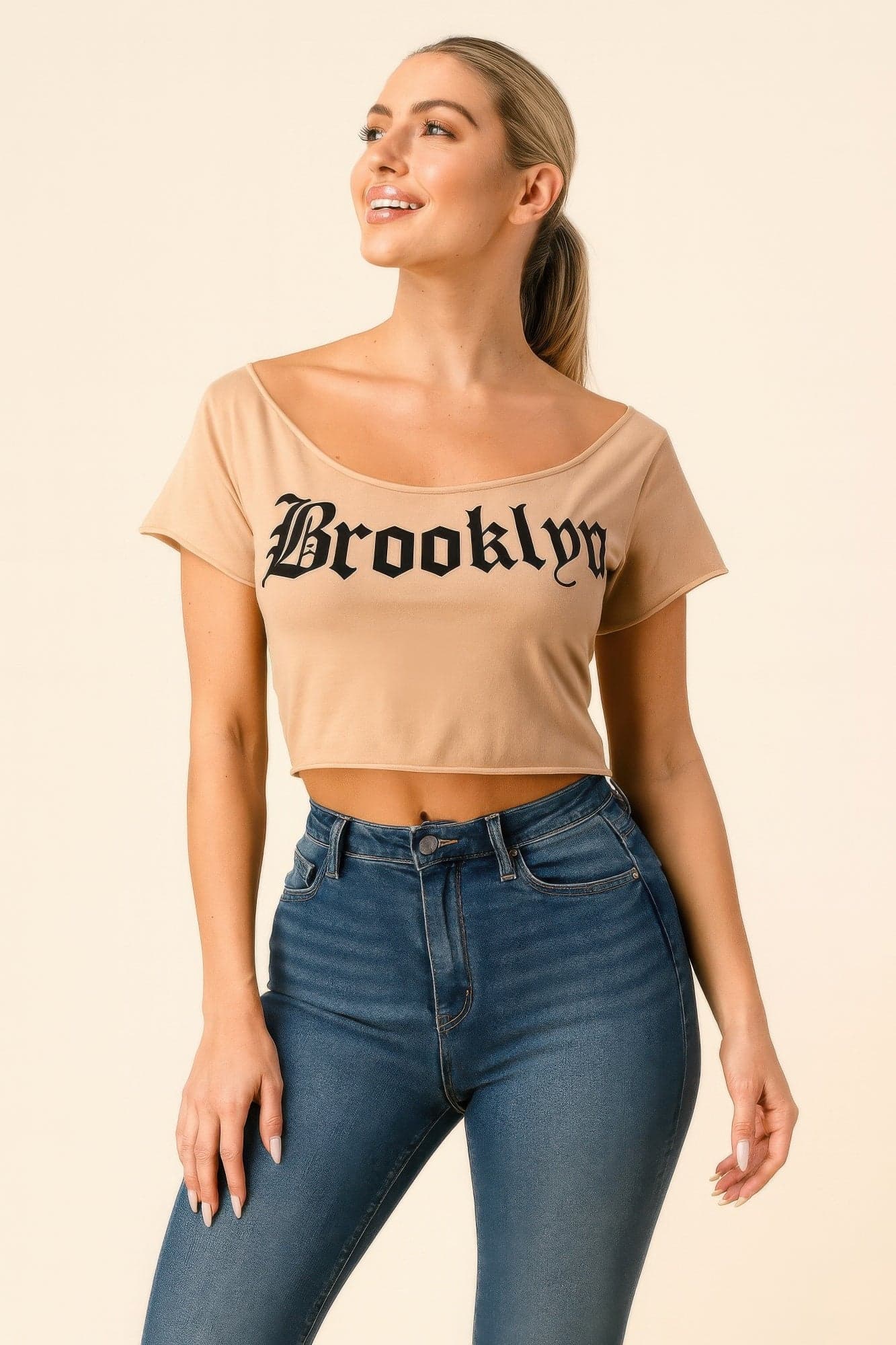 Brooklyn Graphic Off-shoulder Crop Top - S