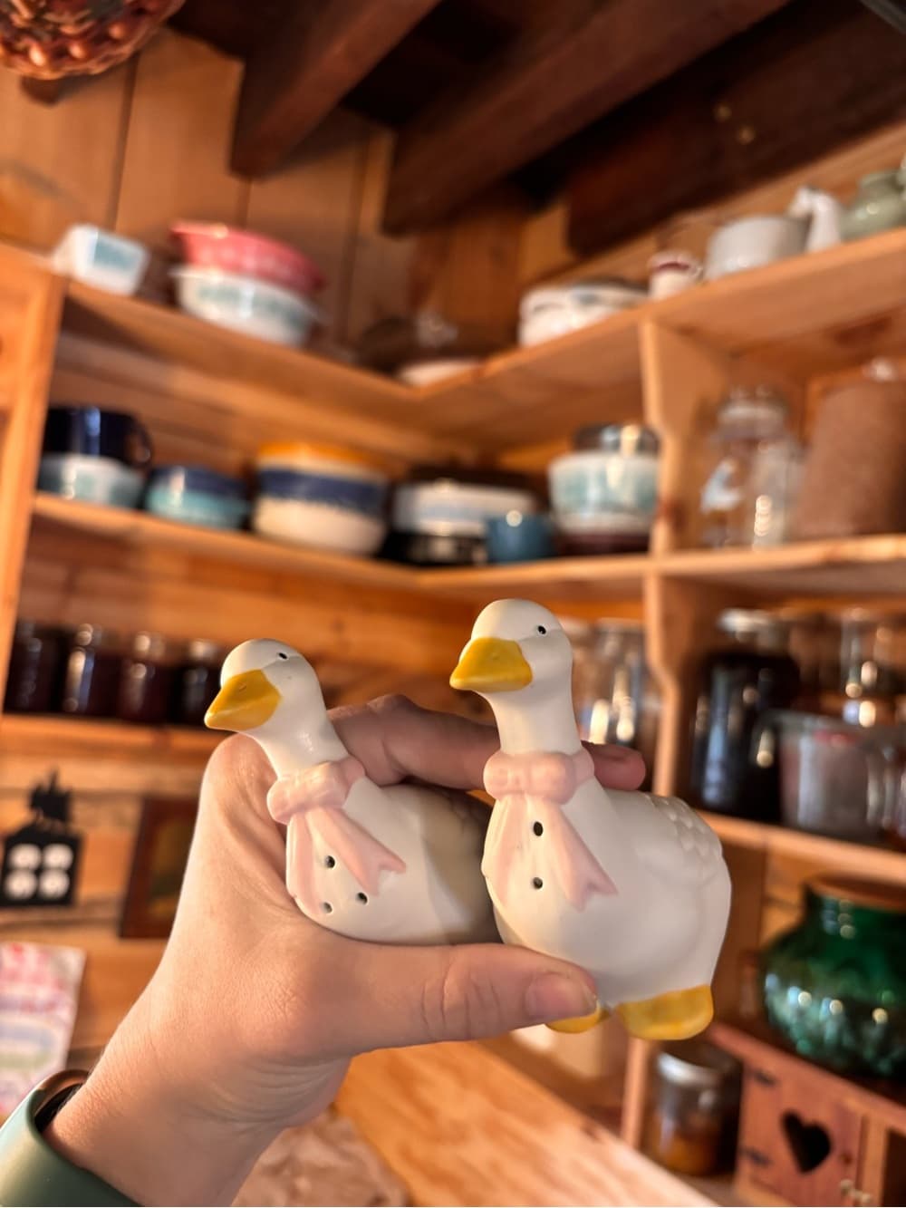 Ceramic White Duck Salt and Pepper Shakers with Pink Bows