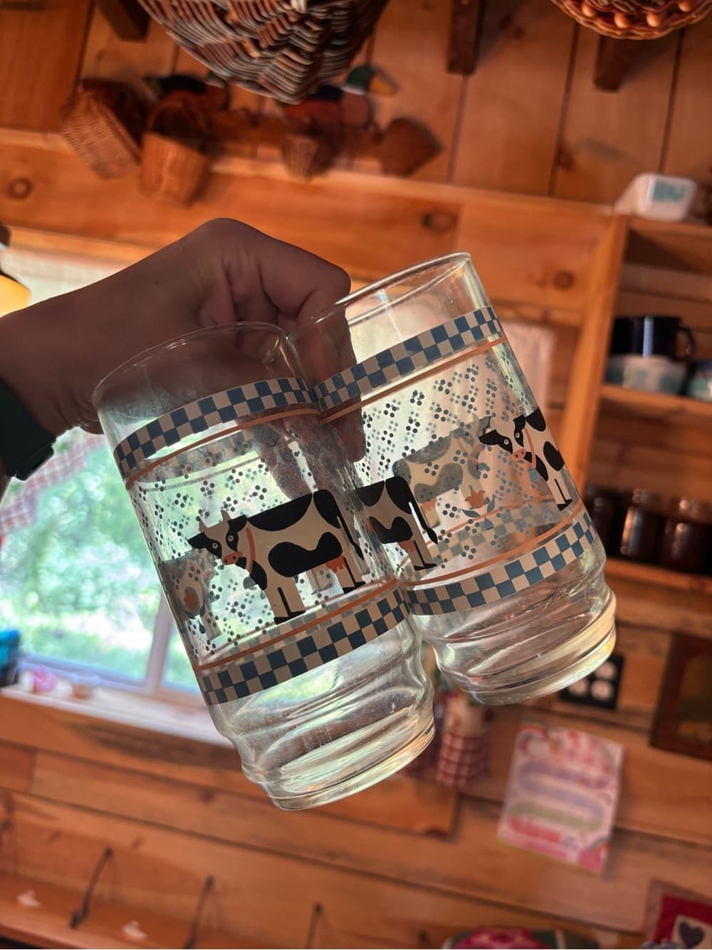 Farmhouse Cow Glass Tumbler Set - Blue Check Pattern