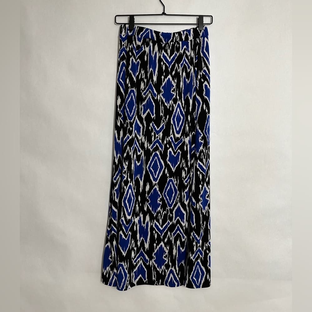 Carole Little Blue Black Ikat Maxi Skirt Size Small Bohemian Travel Graphic