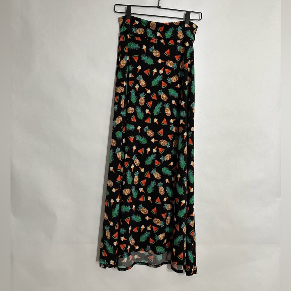 Lularoe Tropical Summer Vacation Pineapple Watermelon Black Multi Maxi Skirt XS