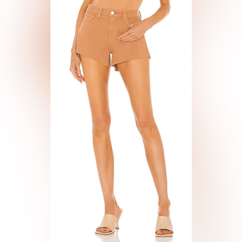L’AGENCE Dark Camel Audrey Mid-Rise Raw Hem Denim Shorts 24 Bohemian Festival