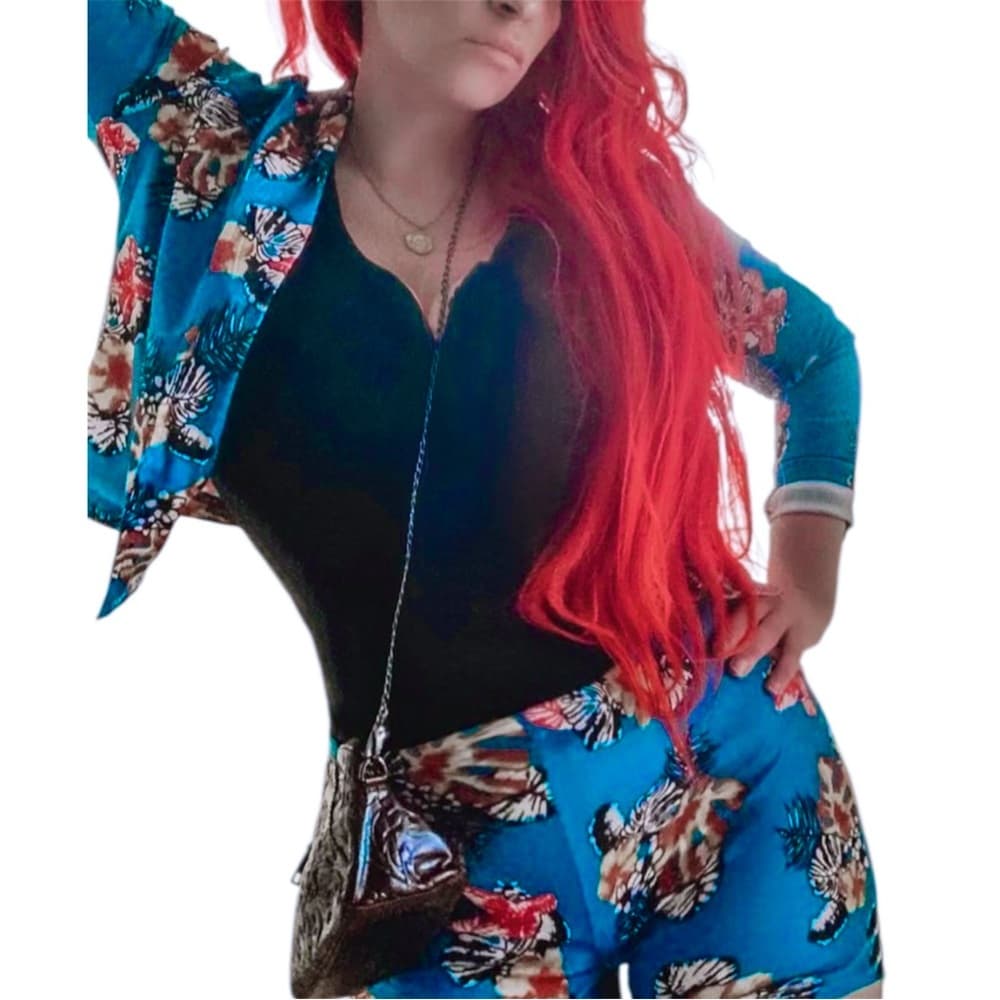 Blue Tropical Floral Print Two Piece Set Jacket & Shorts Lounge Travel Vacation