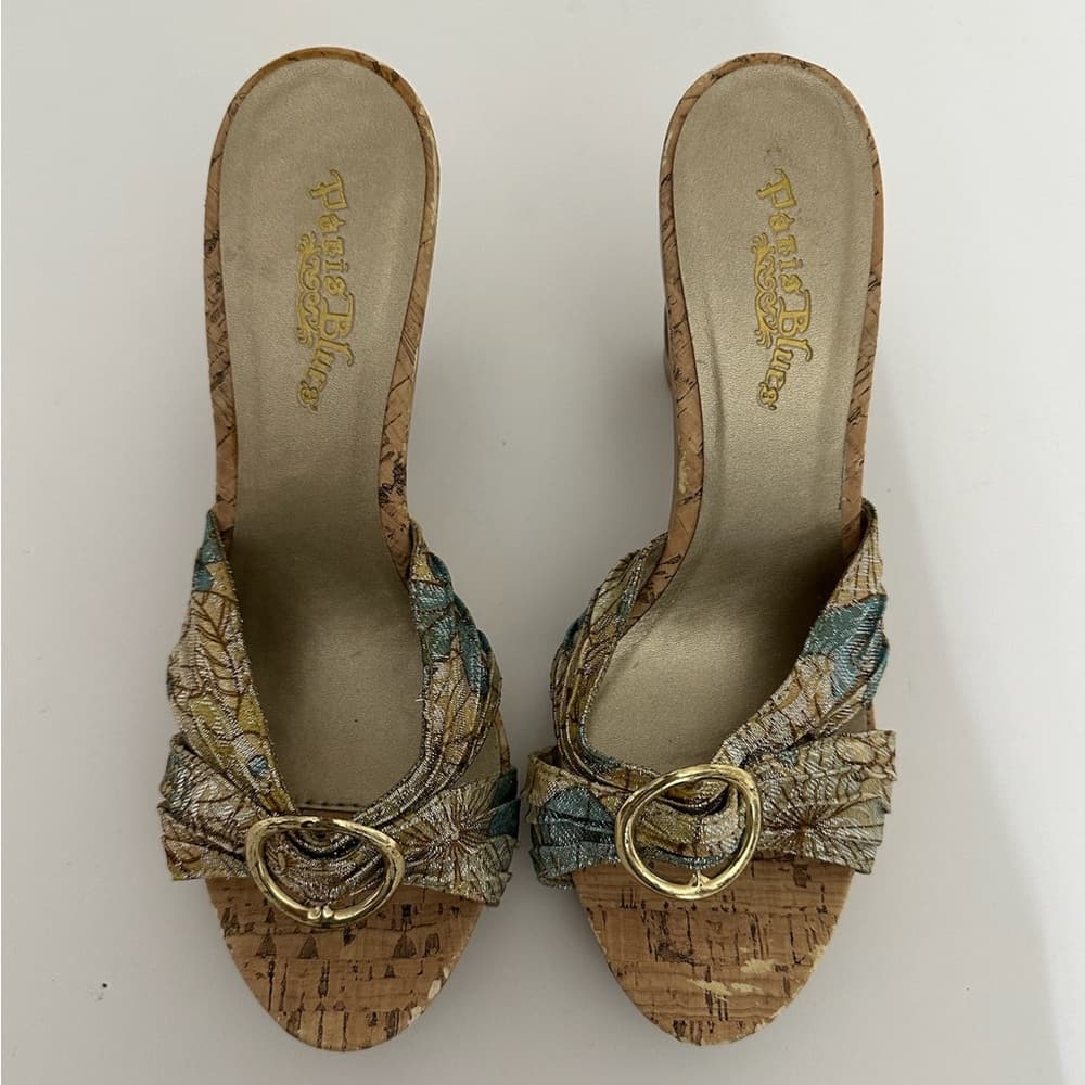 Petals Bling Jacquard Cork-Look Platform Mules Gold Ring Y2K Size 7