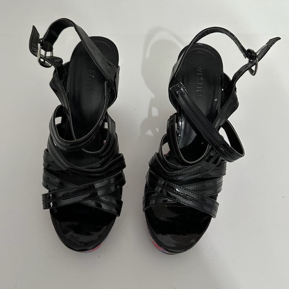 Westies Black with Multicolored Stripe Platform Wedge Sandals Size 9