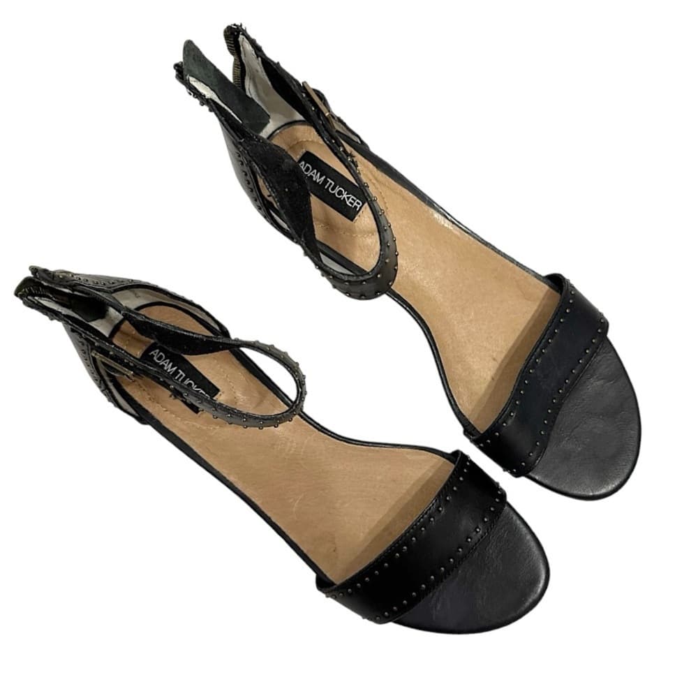 Adam Tucker Lexa Black Studded Leather Kitten Heel Ankle Strap Sandals Size 8