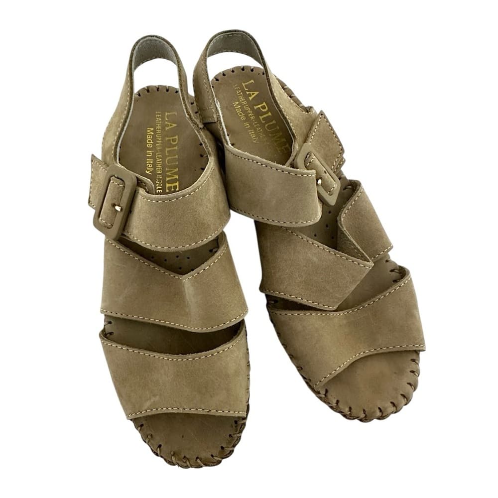 NEW Le Plume Italy Tan Leather Strapped Open Toe Wedge Sandals IT 37 (US 6.5-7)