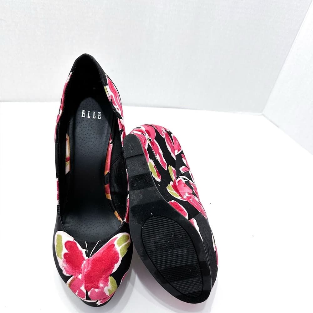 Elle “Jessica” Butterfly / Floral Black Pink Platform Y2K Wedge Heels - Size 8