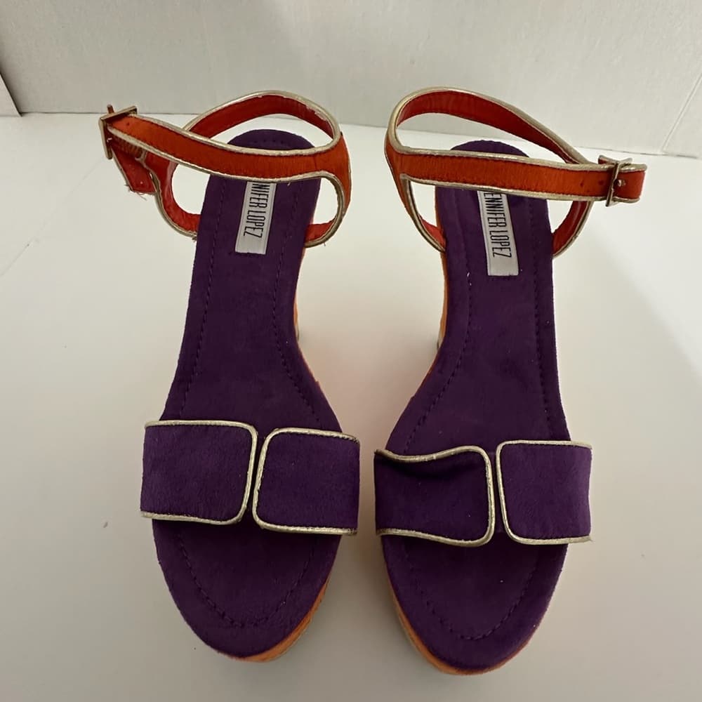 Jennifer Lopez Purple Orange Suede Platform Wedge Sandals Gold Trim Size 6.5