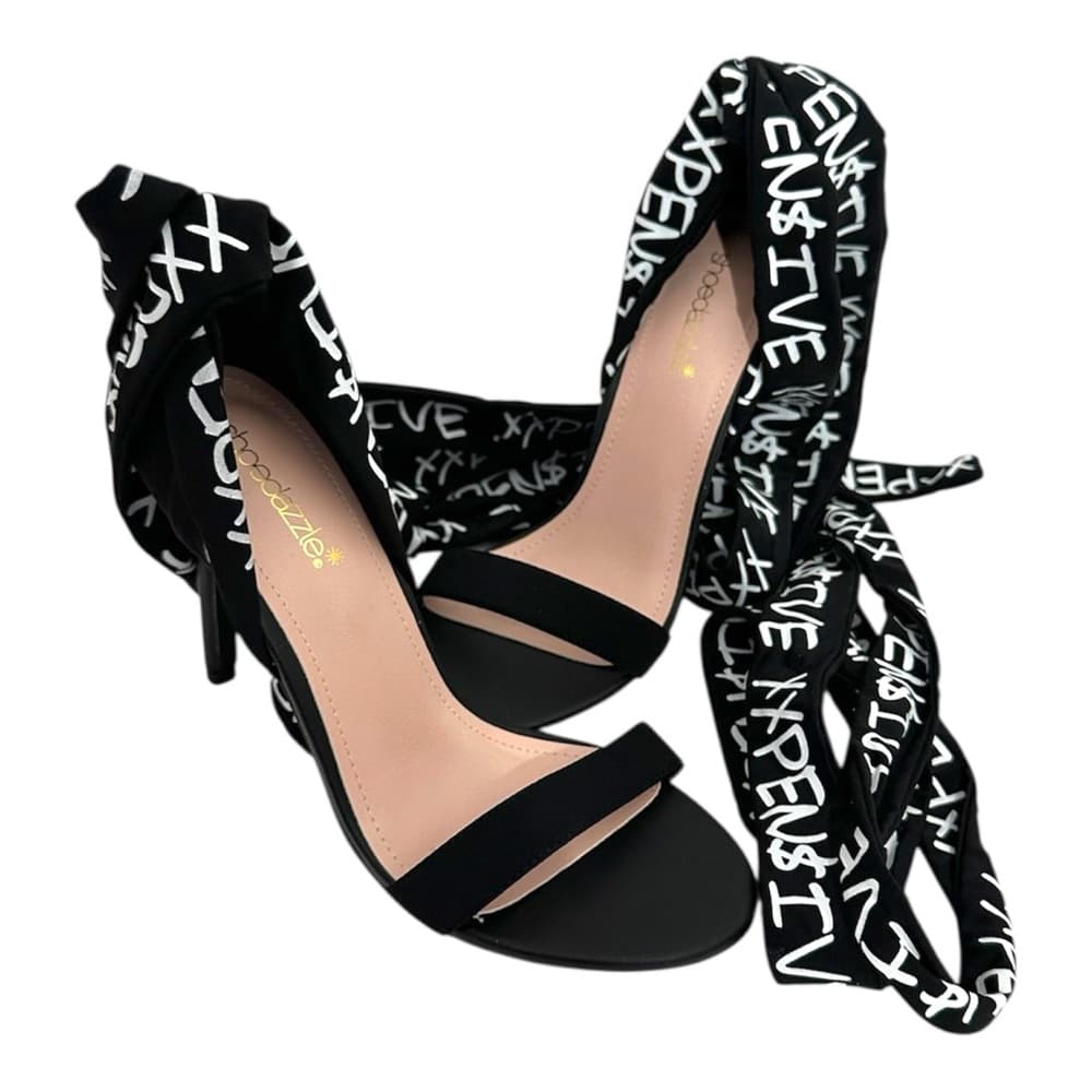 ShoeDazzle Erika Jayne XXPEN$IVE Black Wrap Heeled Stilettos Shoes Size 8
