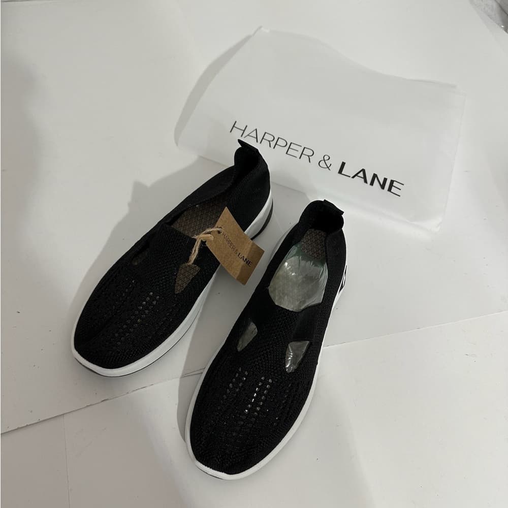 NWT Harper & Lane Black Knit Alice Slip-On Sneakers White Sole Casual Shoes