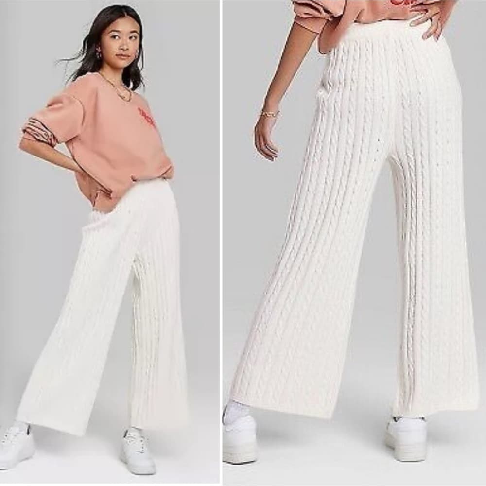 ASCOT+HART Wide Leg Graphic Yarn Knit Sweater Pants Off-White Women’s Size Large