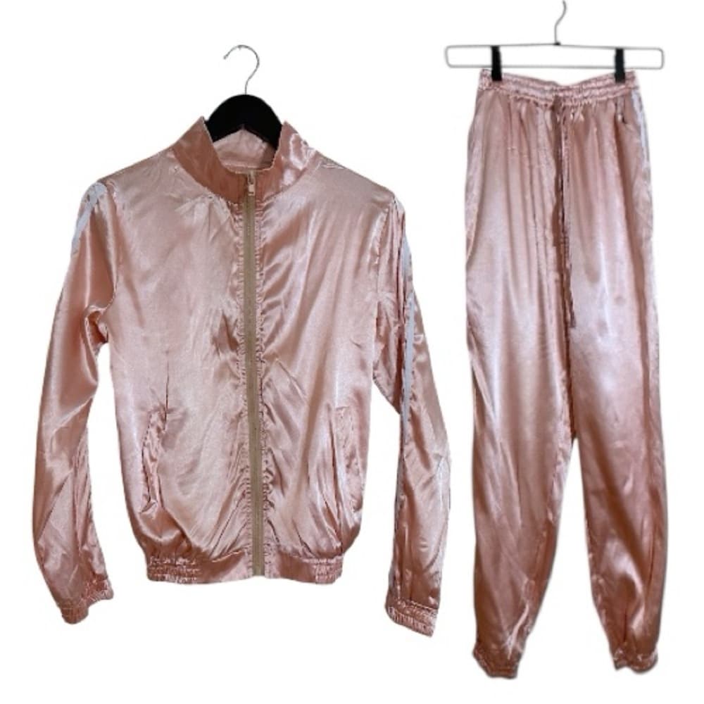 Blush Pink Satin Tracksuit Set Jacket & Pants Streetwear - SEE NOTES ON SIZING