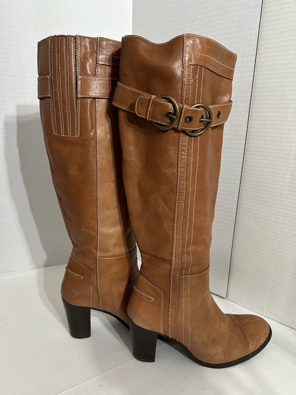 Prialpas Vintage Italian Tan Knee High Heeled Riding Boots Buckle Detail Size 38