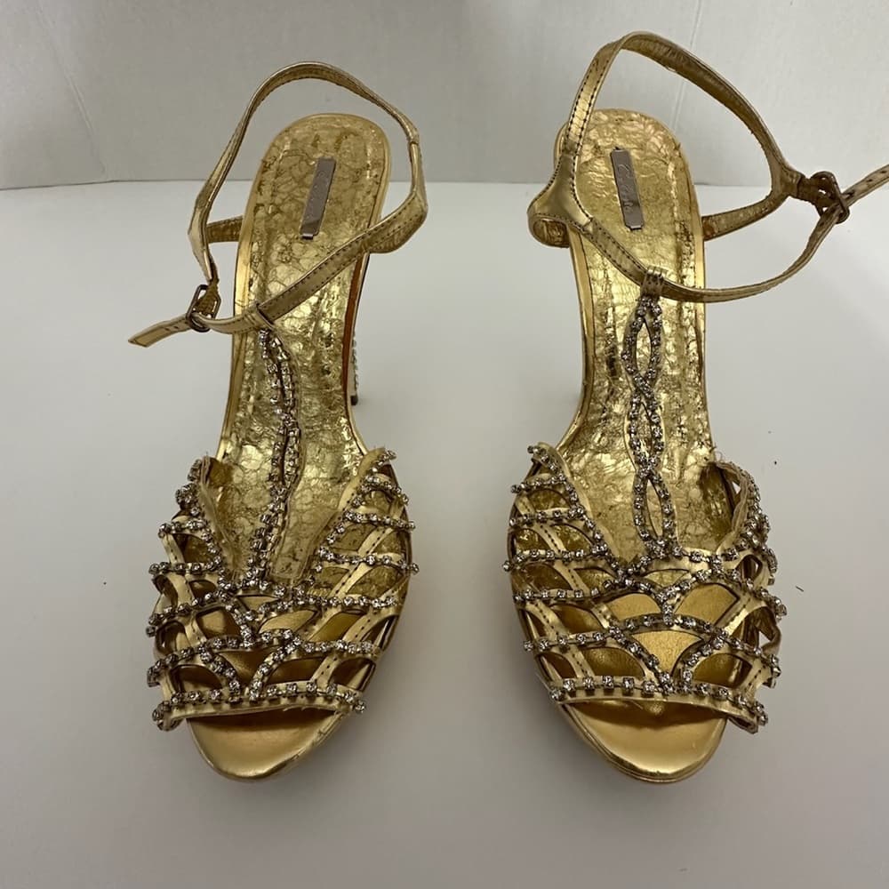 Celeste Gold Rhinestone Stiletto Heels Jewel Back Detail Y2K Size 10