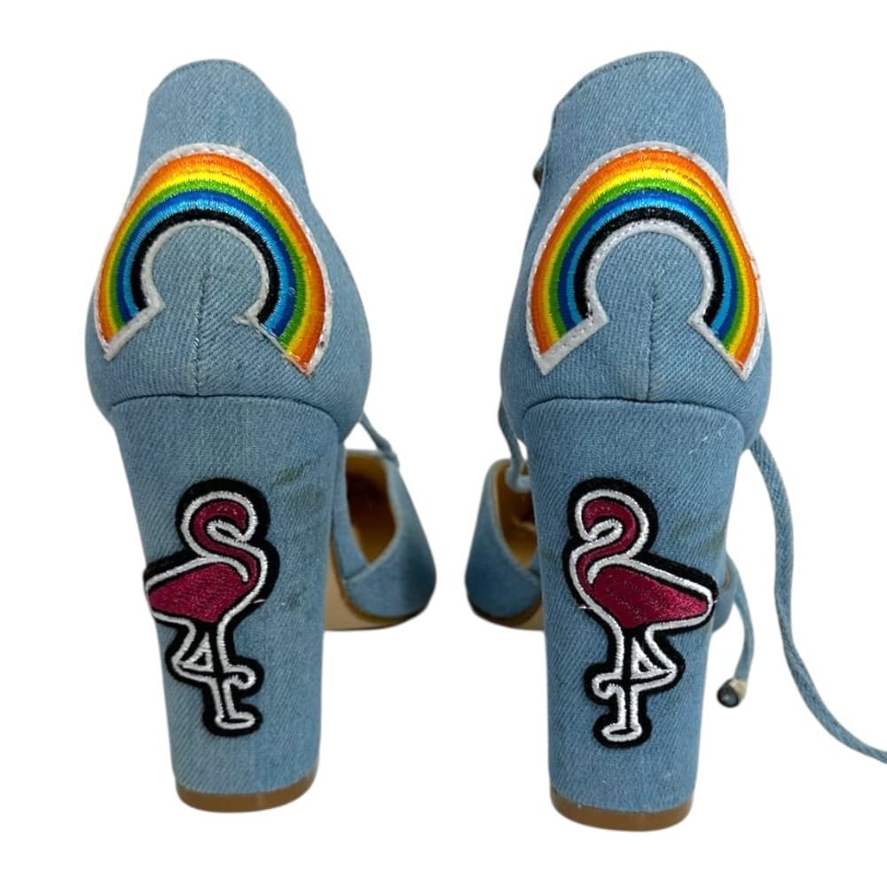 Cape Robbin Denim Beautiful Embroidered Rainbow Block Heel Sandals 7.5 Kitschy