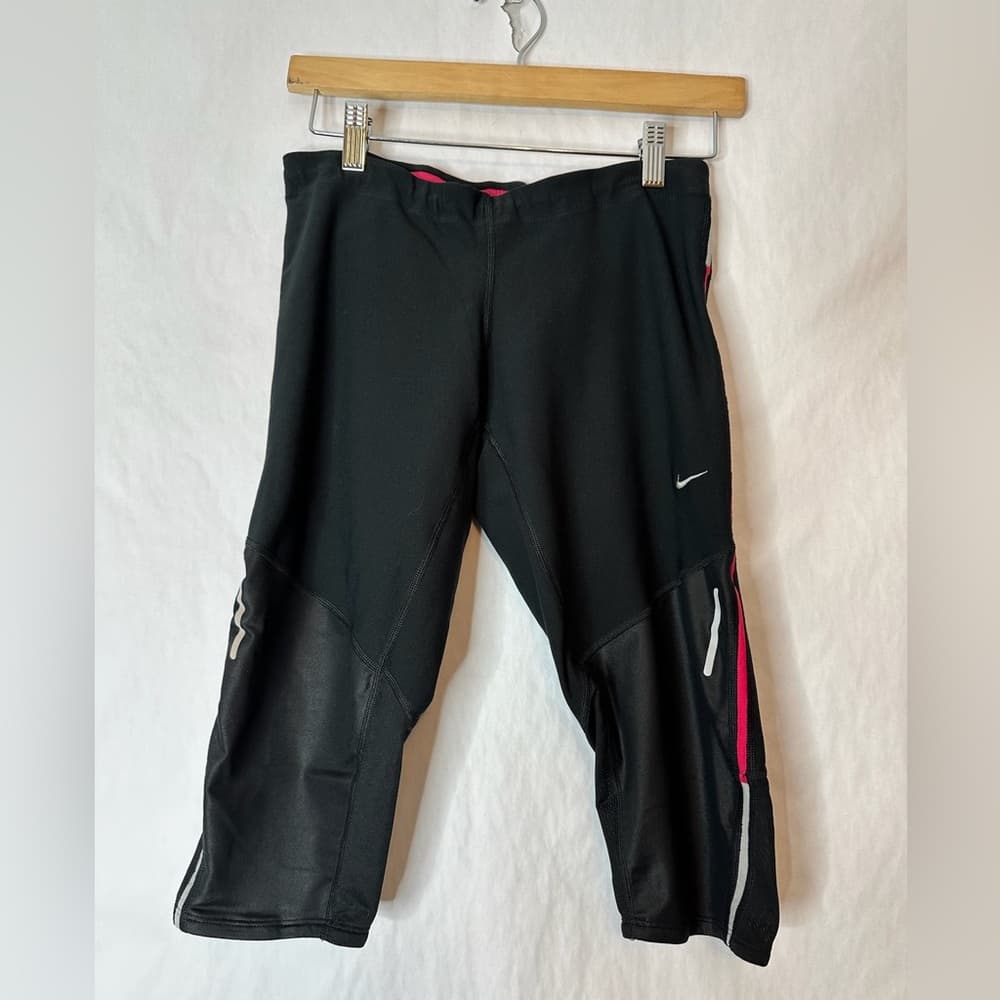 Nike Dri-Fit Black Capris Pink Trim See Thru Mesh Reflective Panels Size Medium