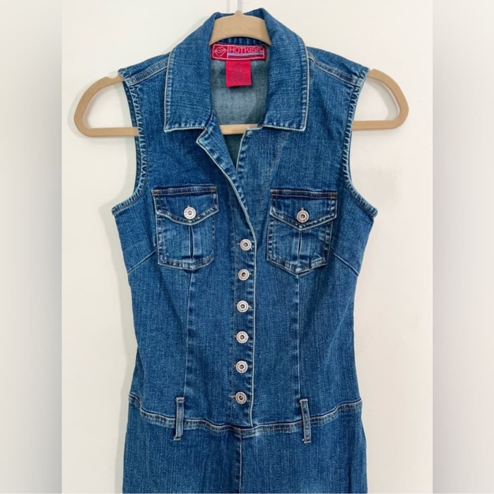 Hot Kiss Denim Sleeveless Jumpsuit 2000s Y2K Vintage Button Front Romper Small