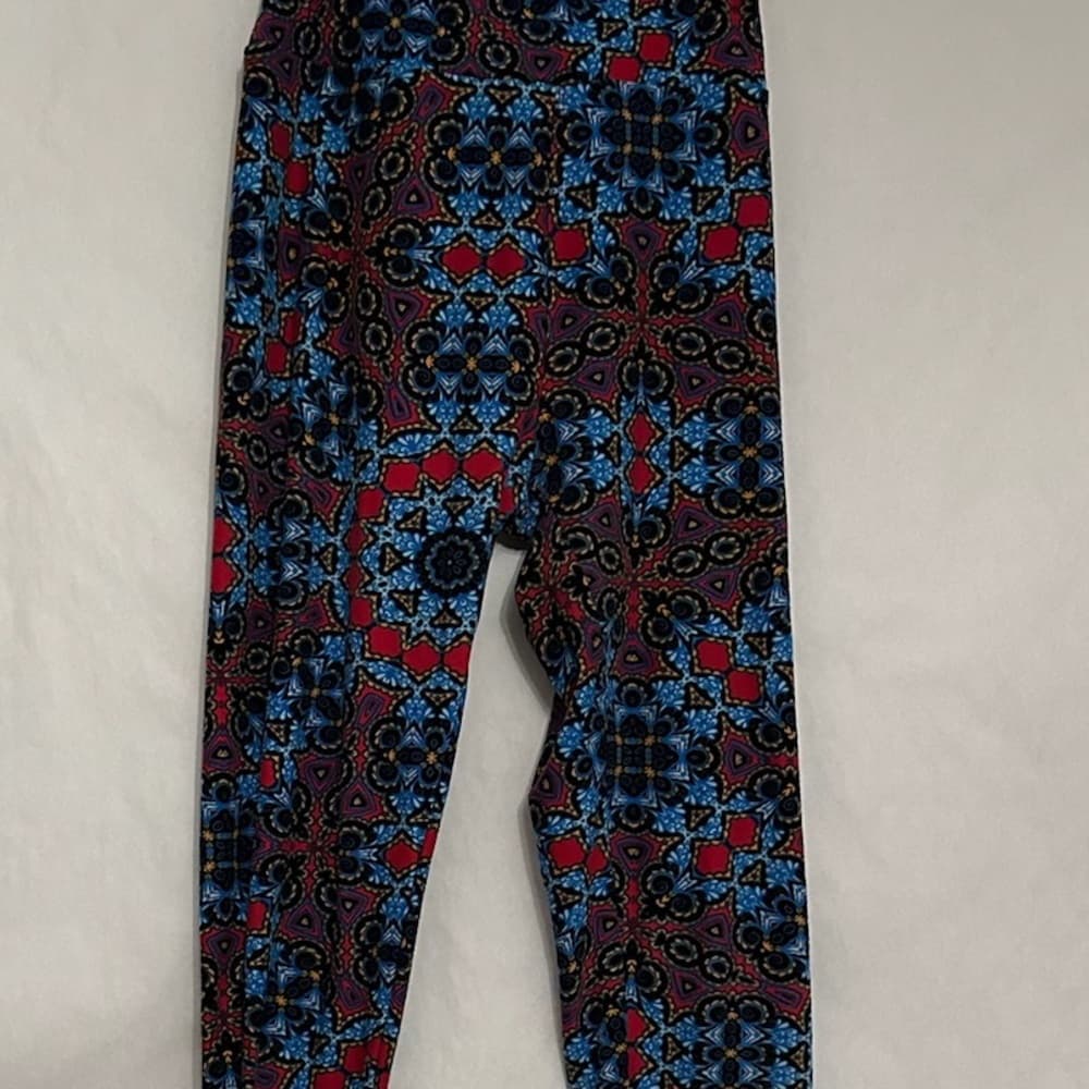 NWT LuLaRoe Blue Red Mandala Print Leggings One Size Kaleidoscope Boho Pattern