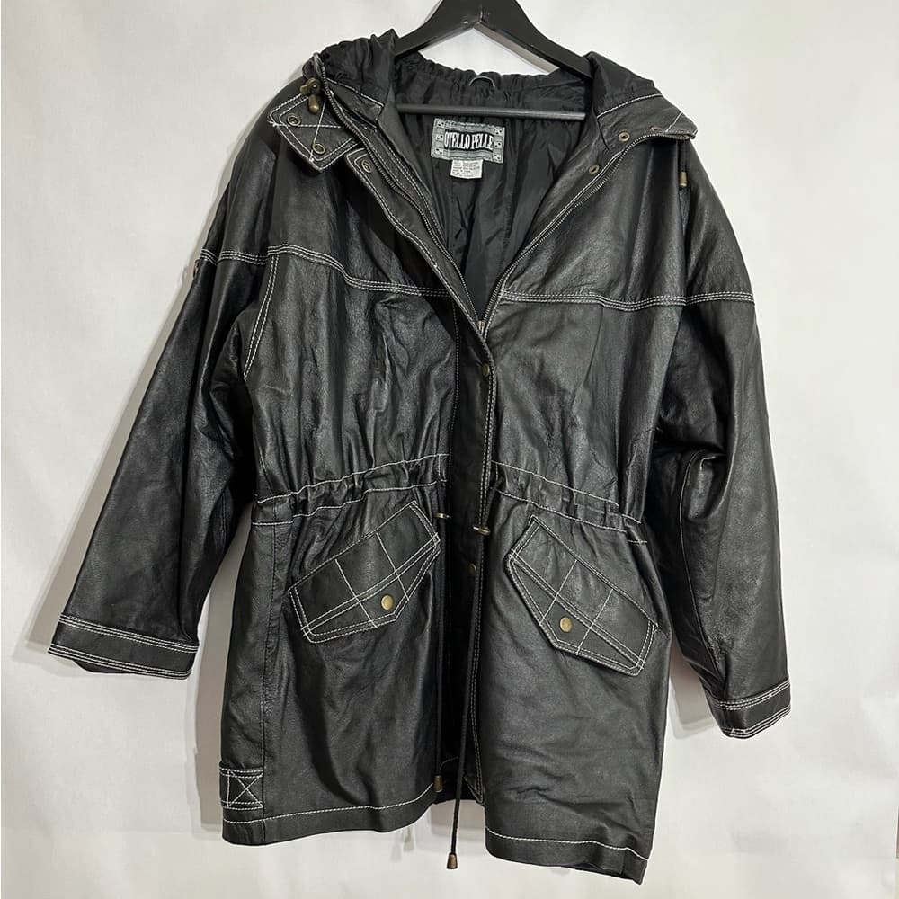 Otello Pelle Black Leather Hooded Vintage Jacket White Stitching Size Large