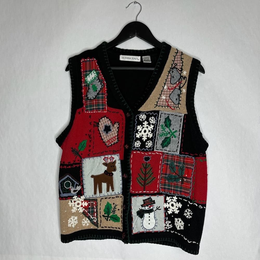 Victoria Jones Patchwork Christmas Ugly Vest Snowman Reindeer Holiday Large