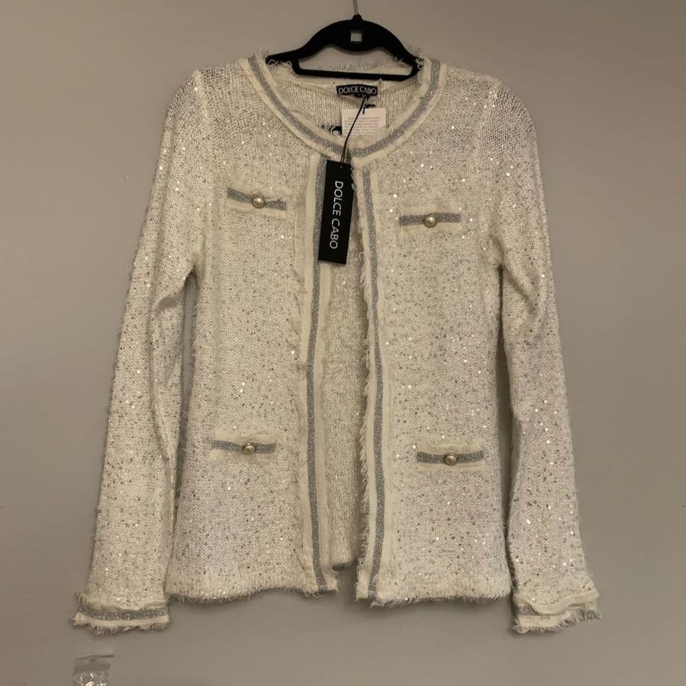 NWT Dolce Cabo White Silver Tweed Cardigan Blazer Fringe Edge Trim Size Medium