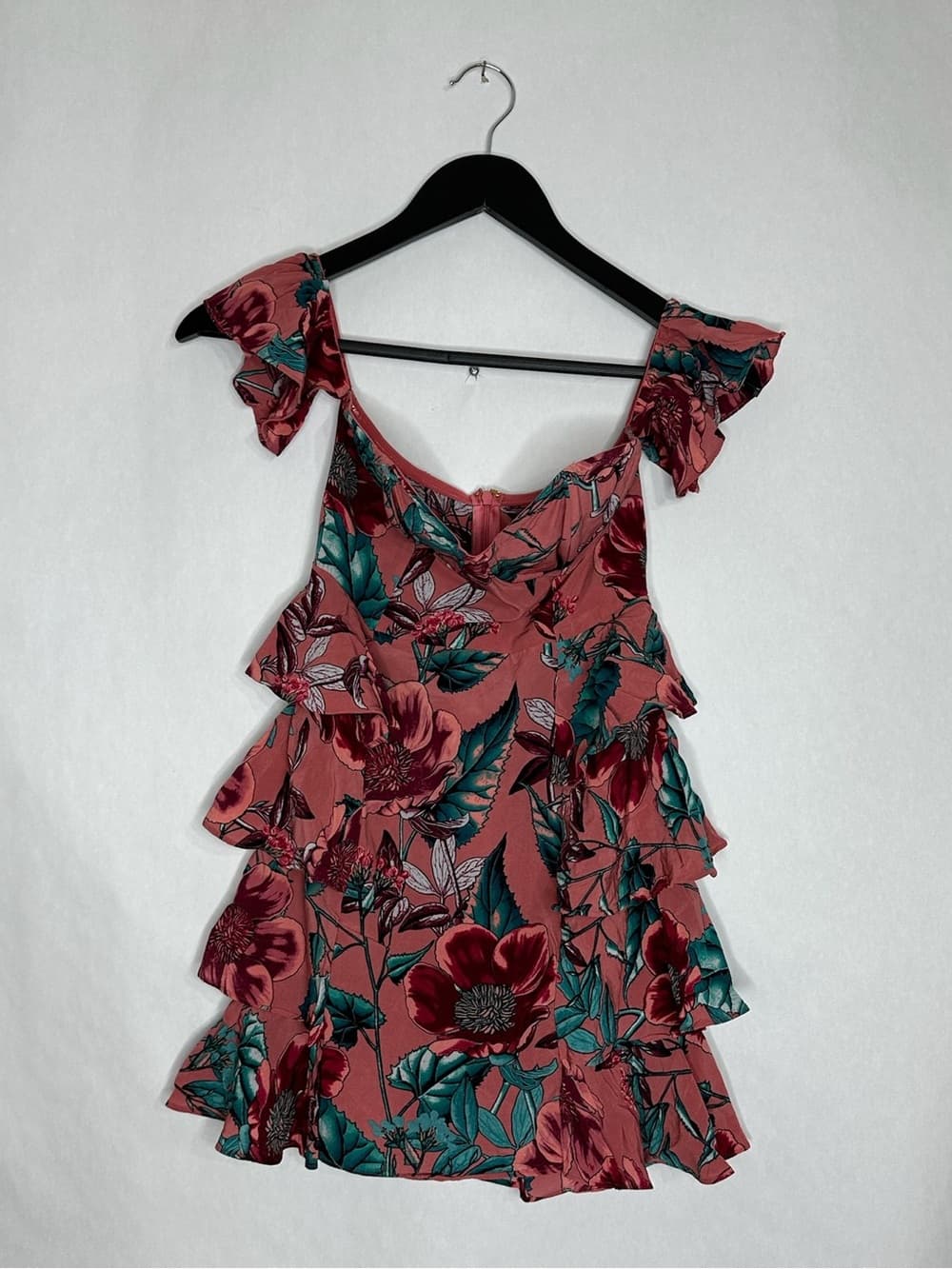 For Love & Lemons Flamenco Mini Dress Pink Floral Tiered Ruffle Small Coquette