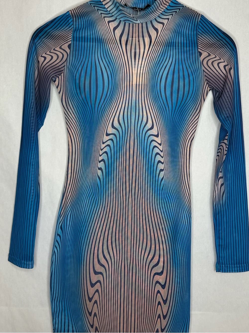 NWT MURCI Blue Illusion Wave Mesh Sheer Bodycon Dress US 4 Cyberpunk Futuristic