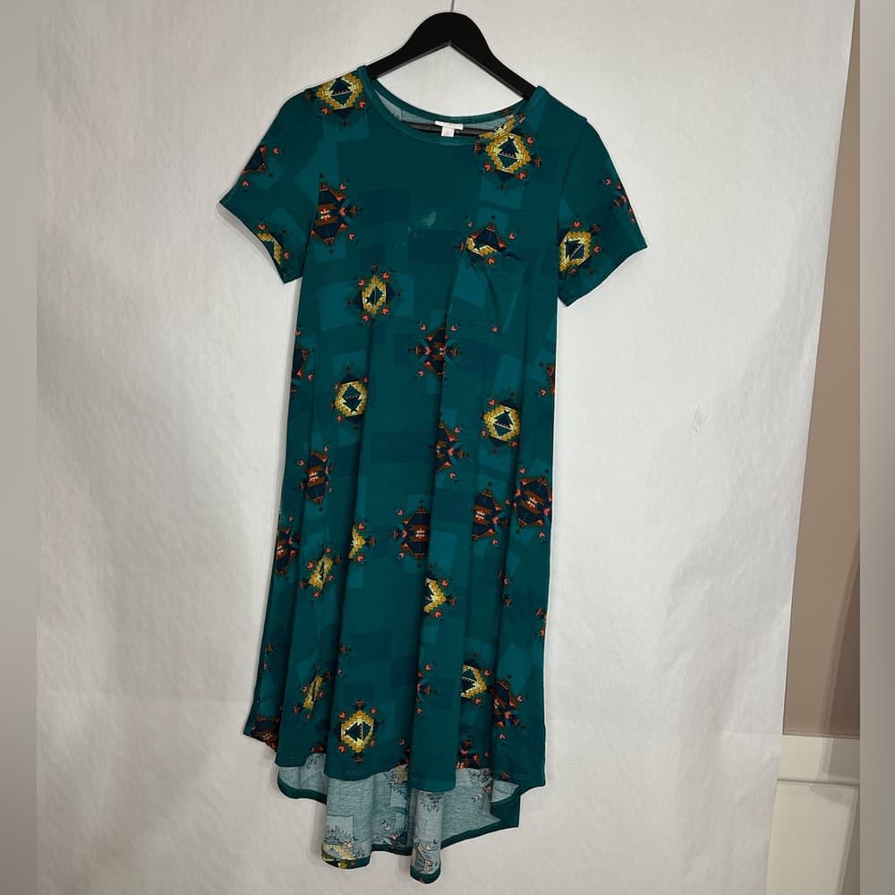 LuLaRoe Carly Teal Geometric Hi-Low Swing Dress Pocket Small SEE NOTES