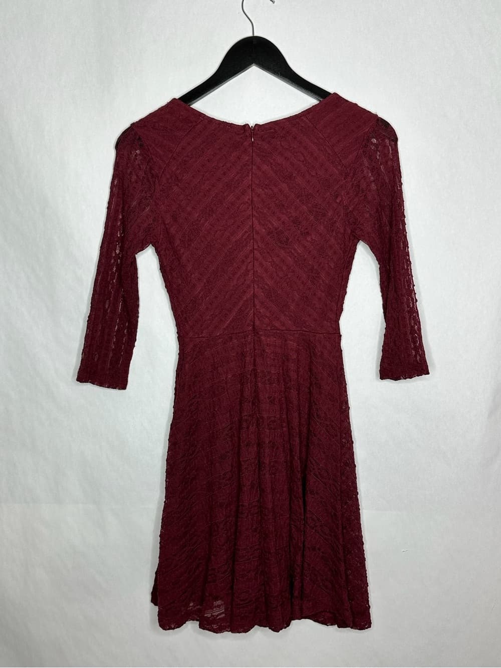 Lush Burgundy Lace Fit & Flare Dress V Neck Bell Sleeve Romantic Small Coquette