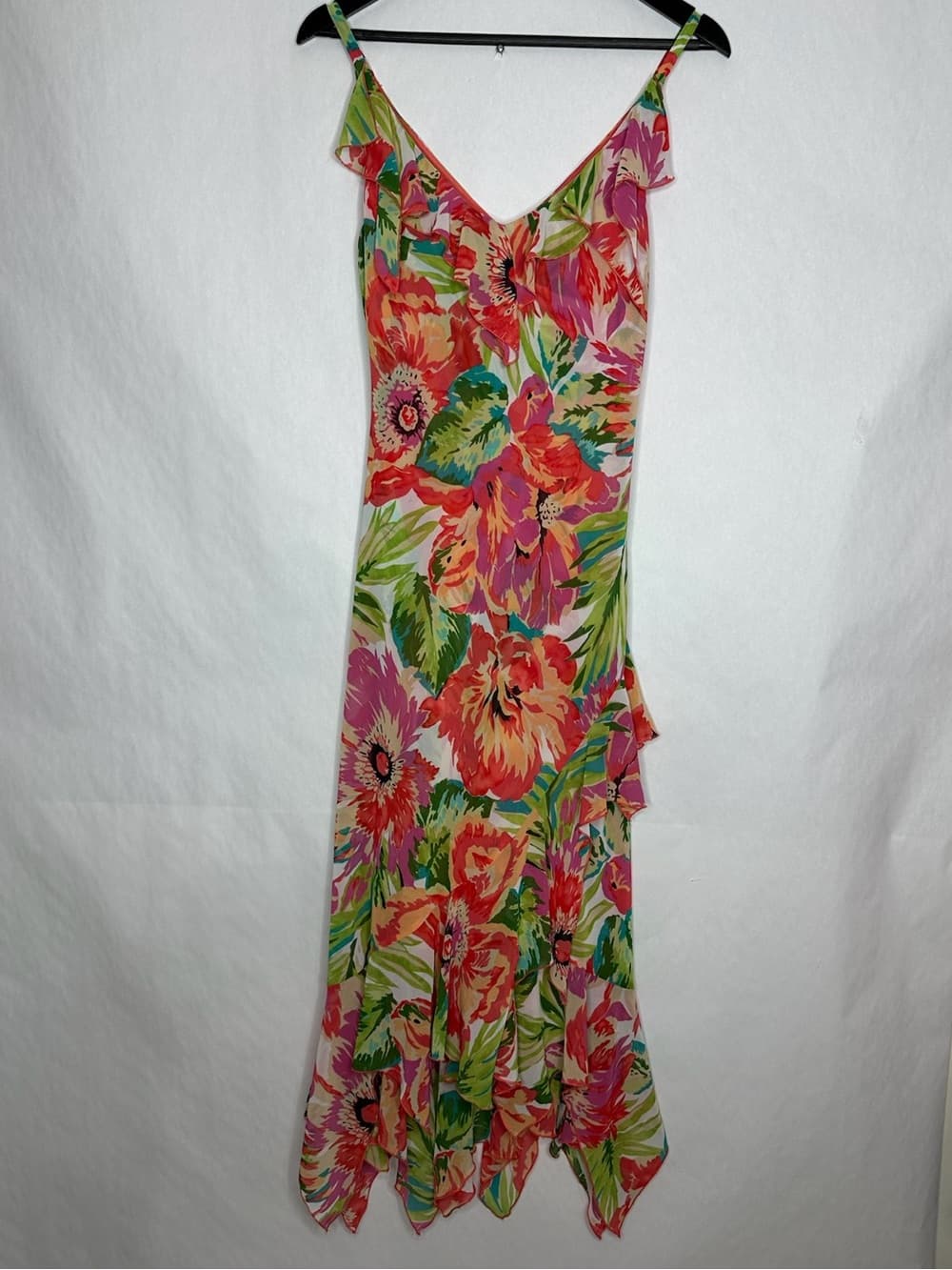 Bandolino Tropical Floral Ruffle Slip Dress Fairy Y2K Mermaid Fairycore