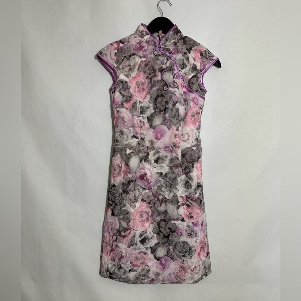Peve Pink & Gray Floral Cheongsam Qipao Brocade Dress Size Small Vintage