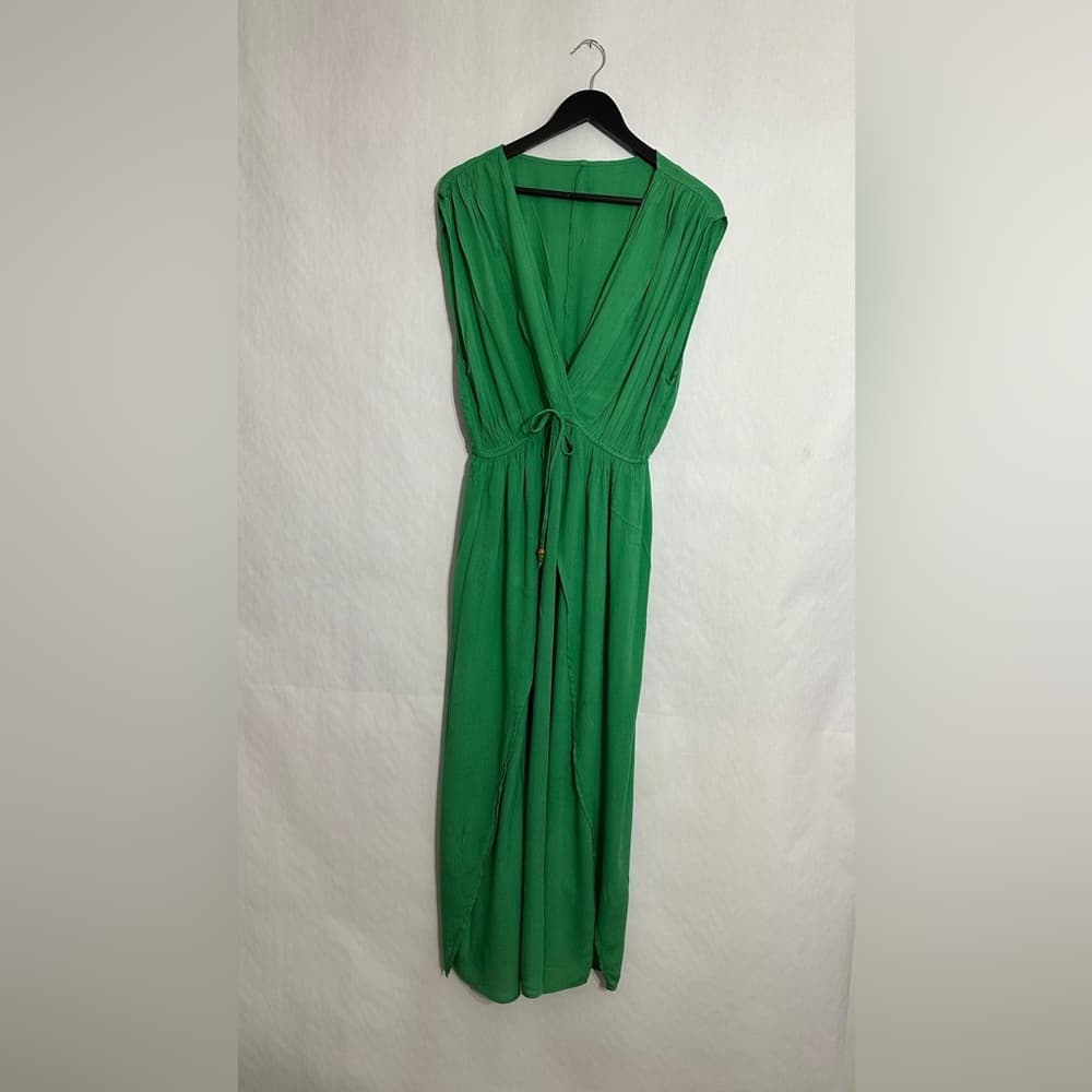 Boutique Green Dress Deep V Tie Waist Flowy One Size Swim Coverup Resortwear